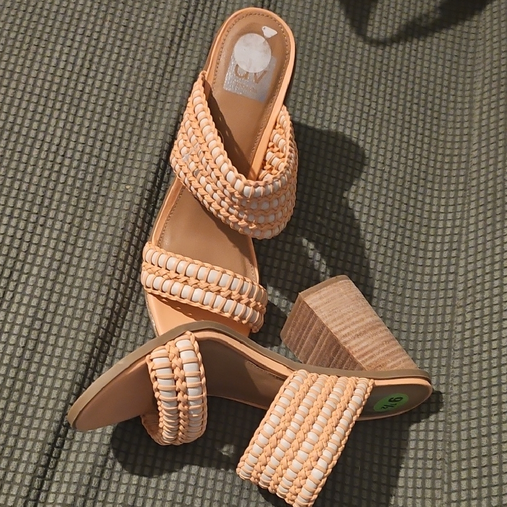DV by Dolce Vita Woven Block Heel Sandals in Cream and Tan.